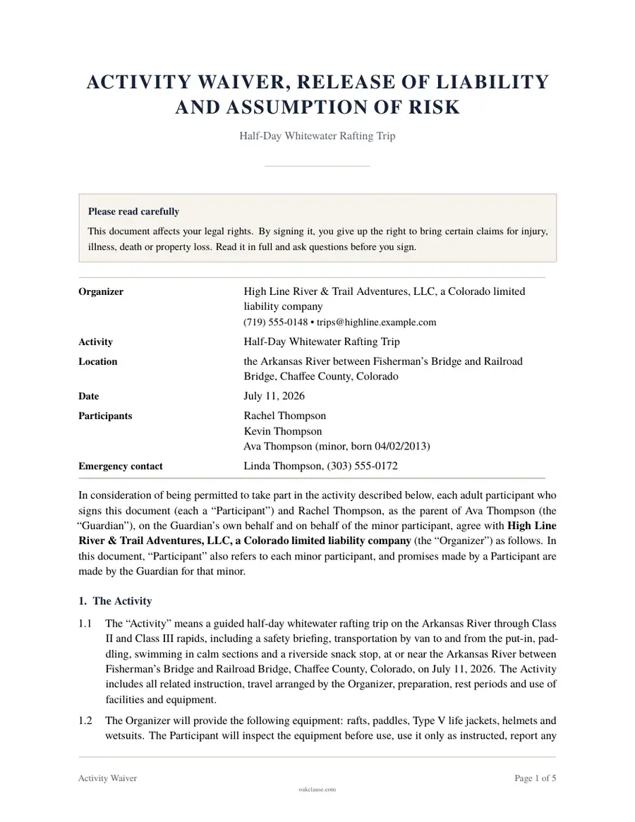 First page of a sample Activity Waiver