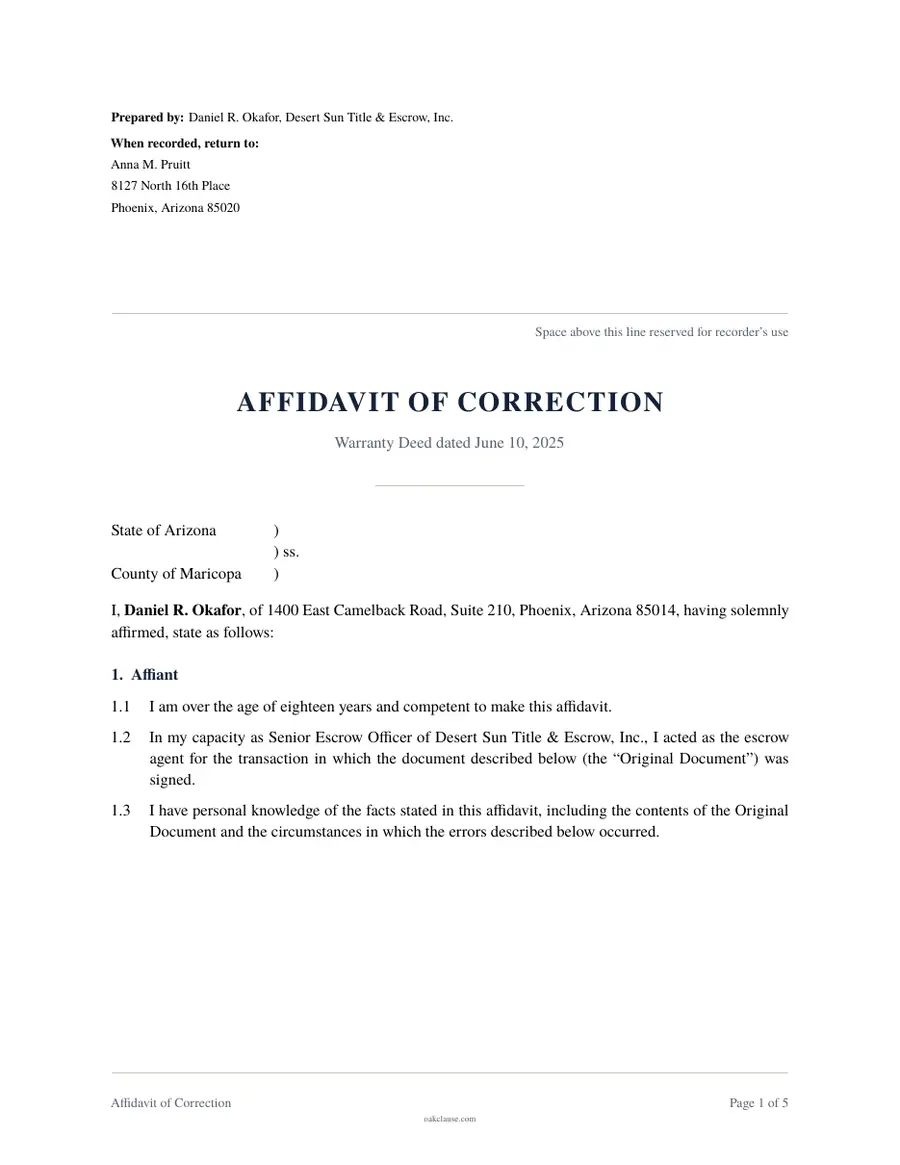 First page of a sample Affidavit of Correction