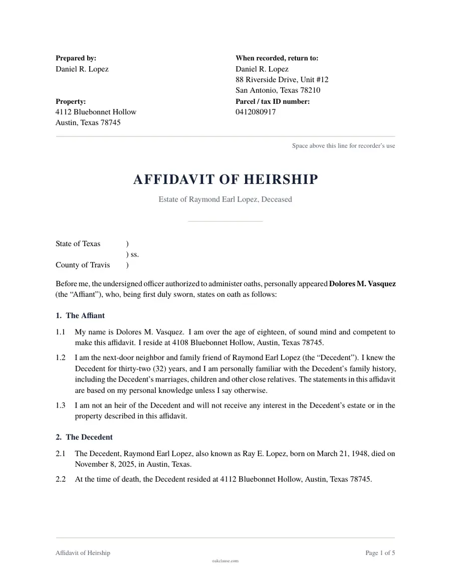 First page of a sample Affidavit of Heirship