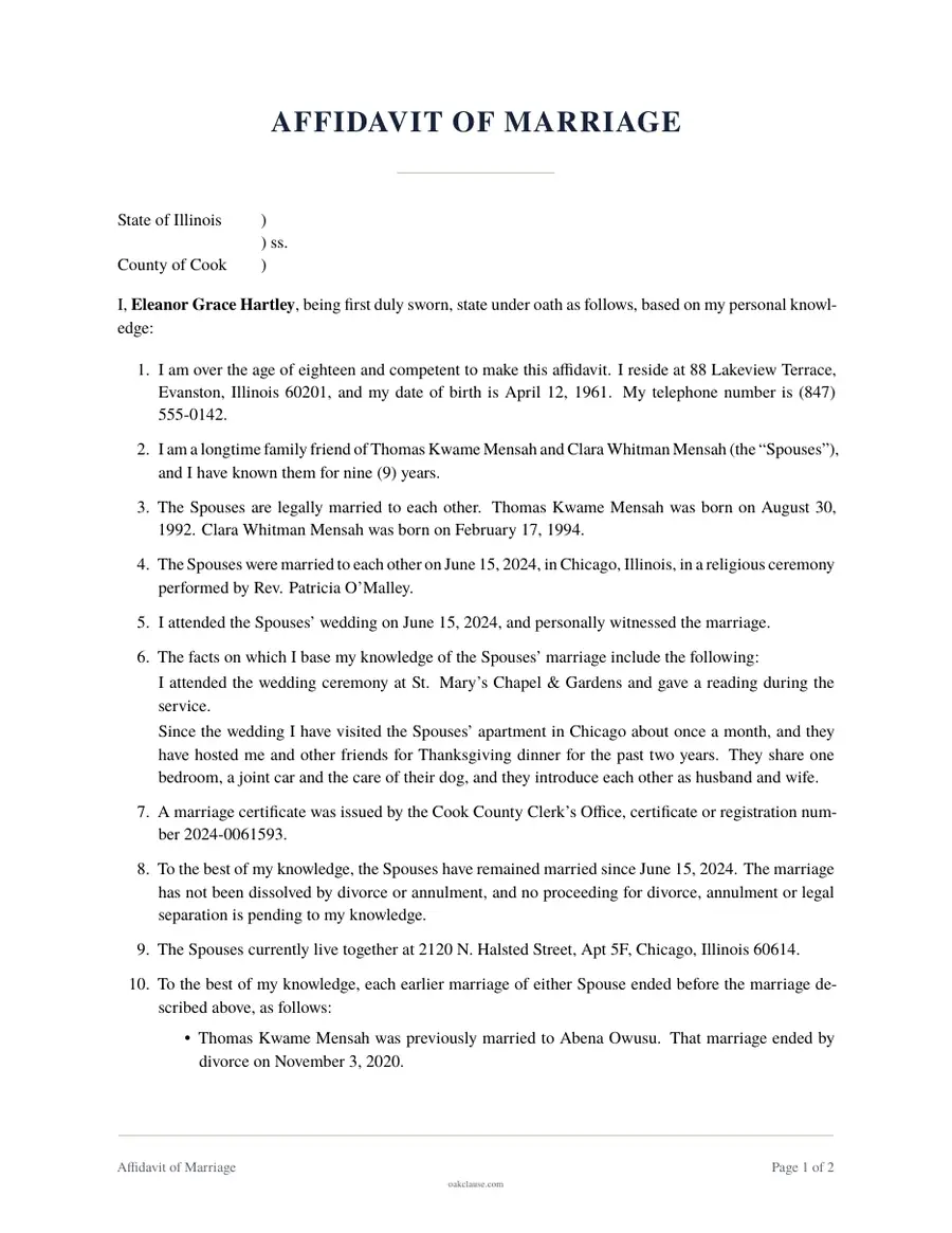 First page of a sample Affidavit of Marriage