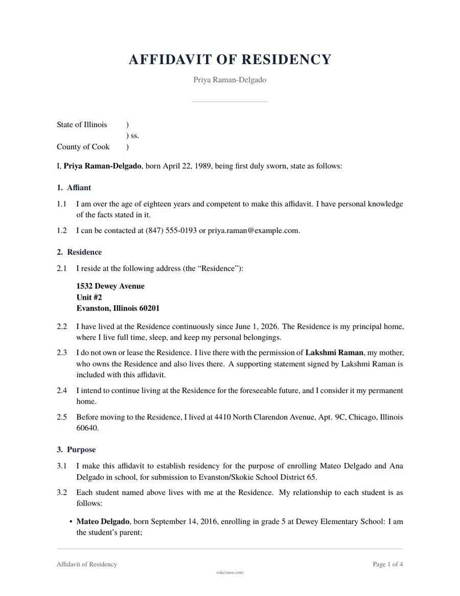 First page of a sample Affidavit of Residency