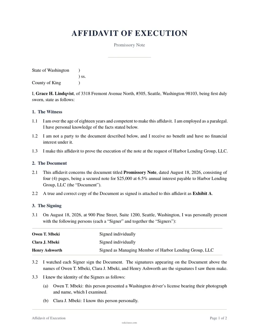 First page of a sample Affidavit of Execution