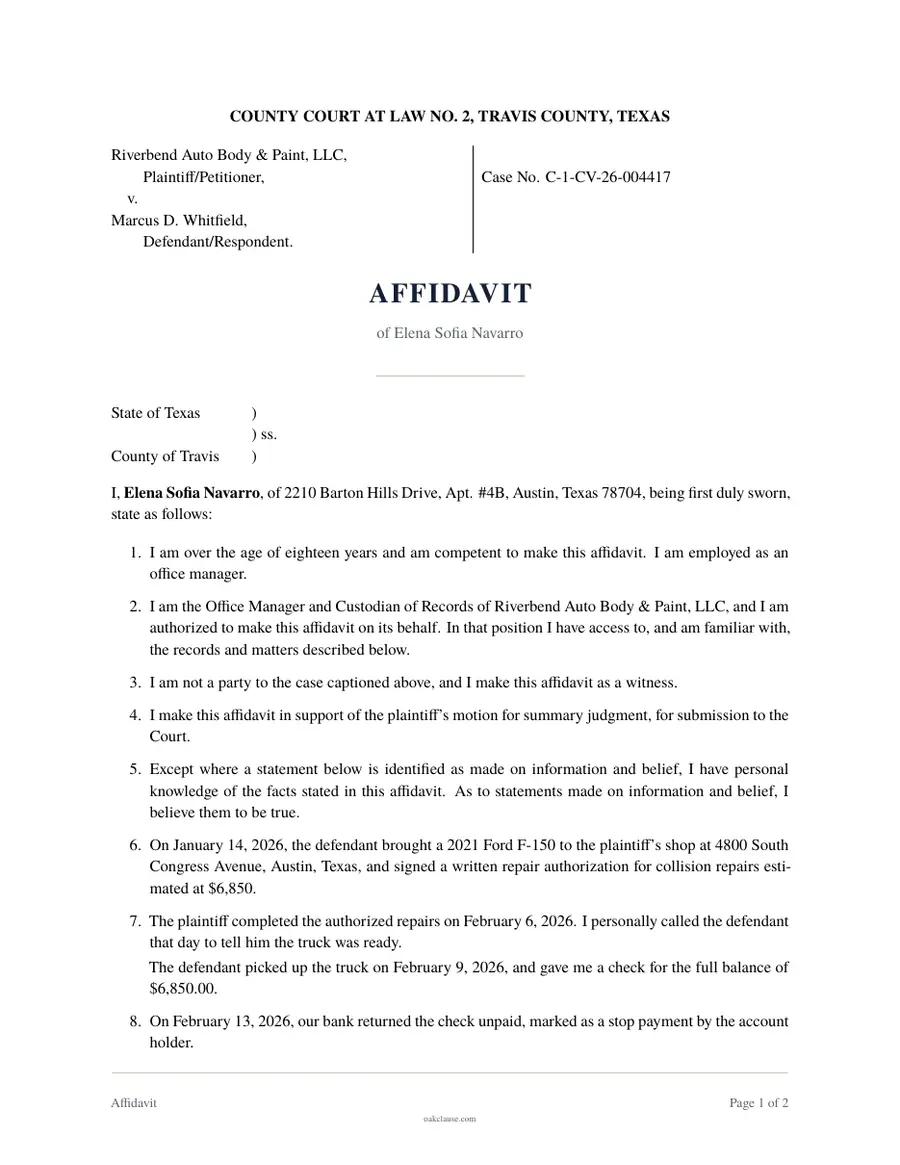 First page of a sample Affidavit