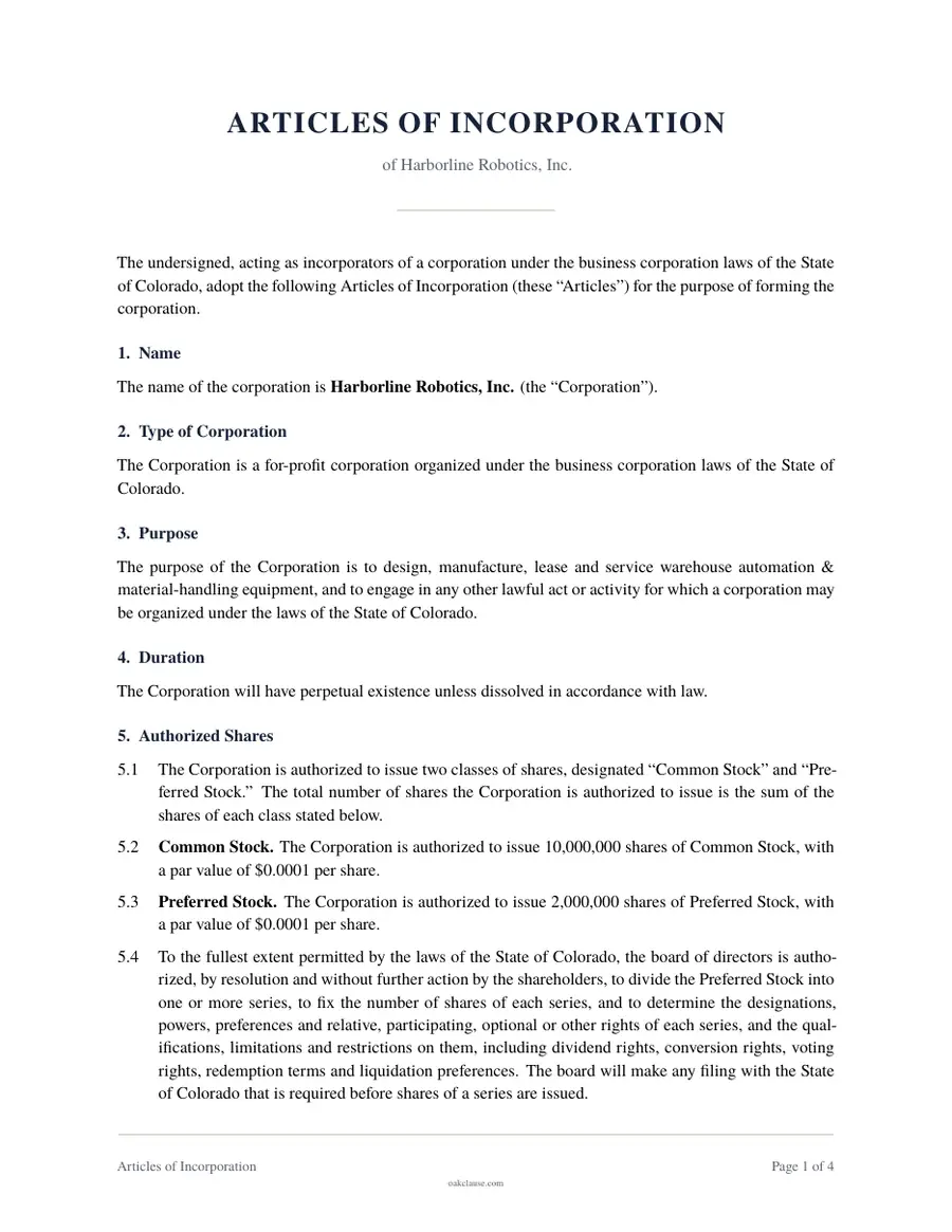 First page of a sample Articles of Incorporation