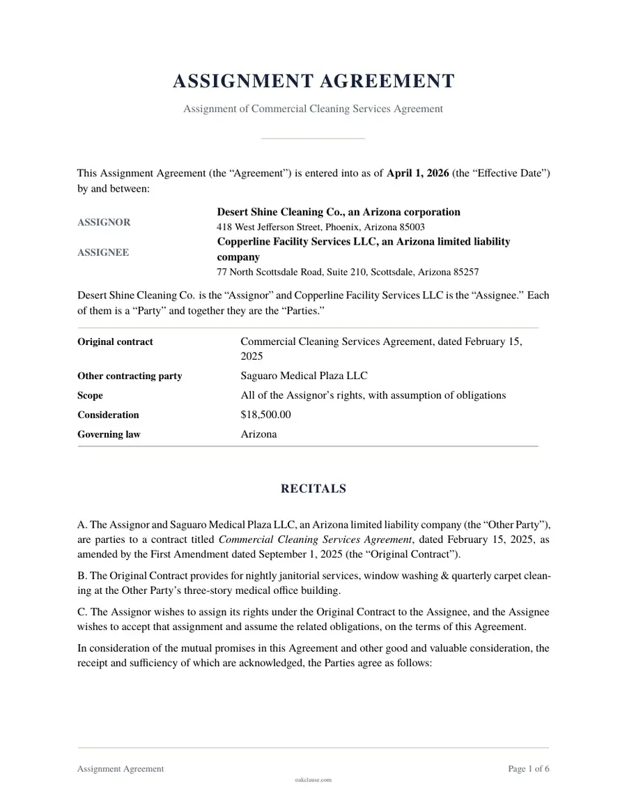 First page of a sample Assignment Agreement