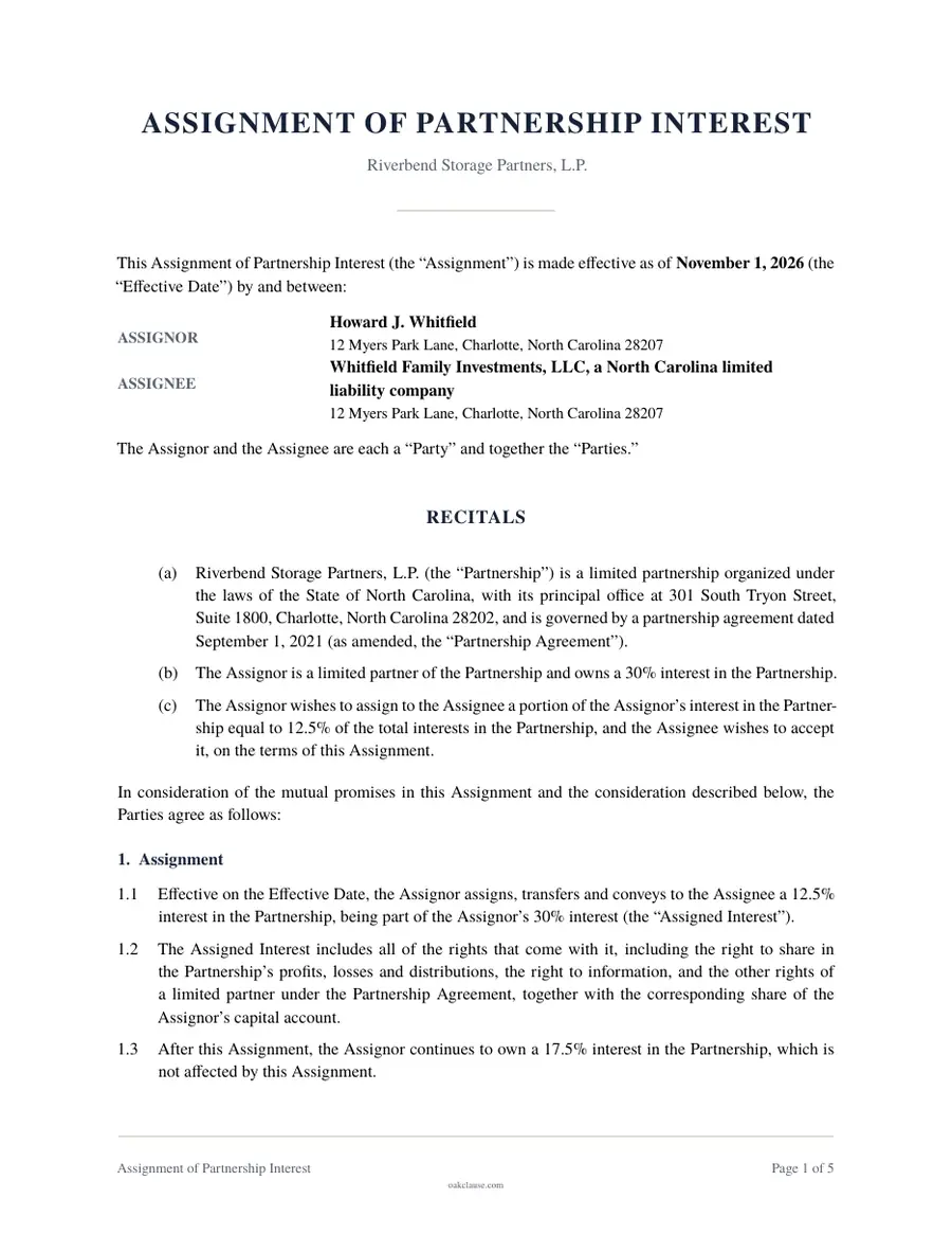 First page of a sample Assignment of Partnership Interest