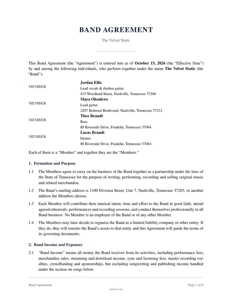 First page of a sample Band Agreement