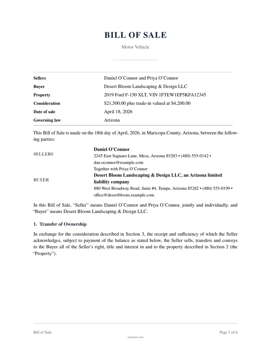 First page of a sample Bill of Sale