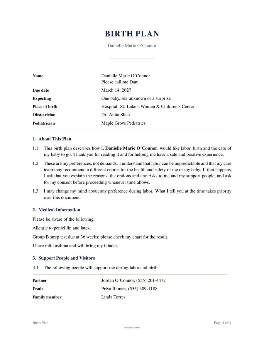 First page of a sample Birth Plan