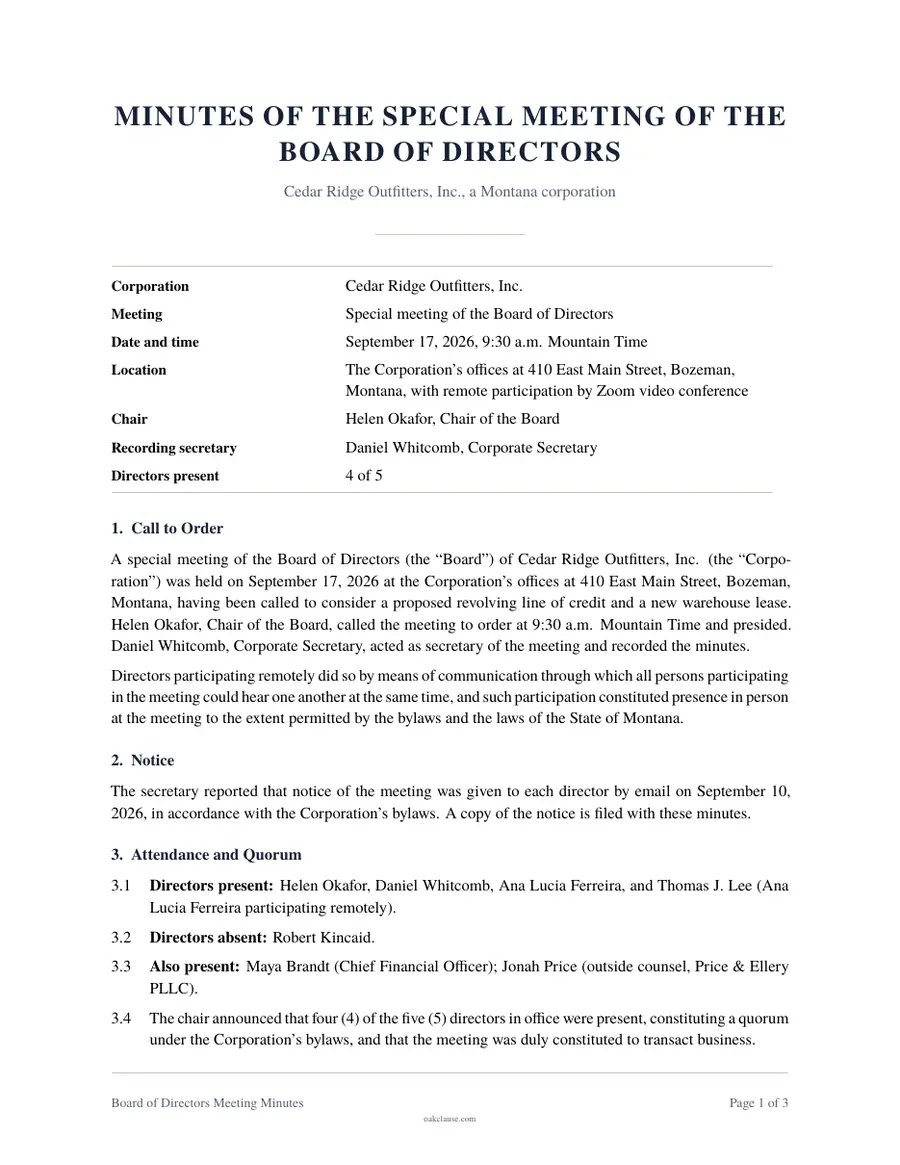 First page of a sample Board of Directors Meeting Minutes