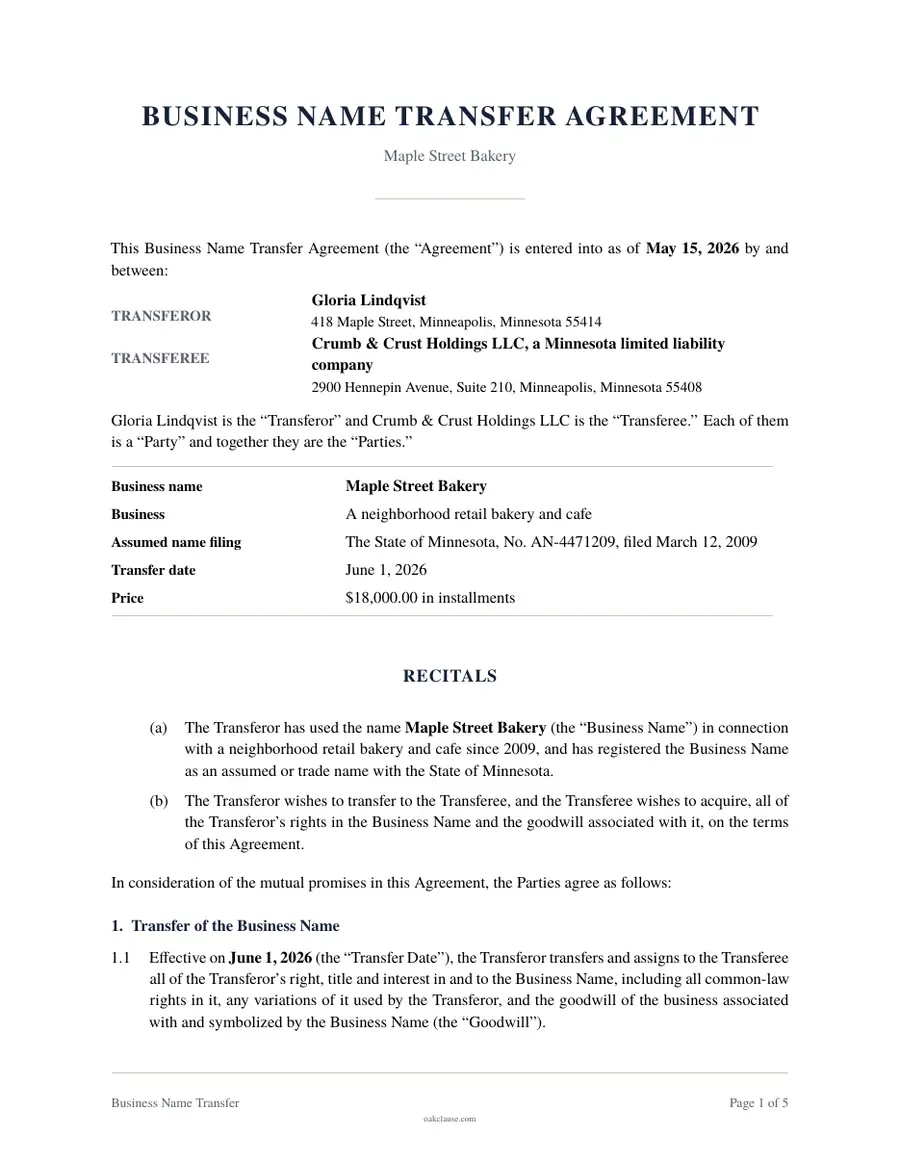 First page of a sample Business Name Transfer