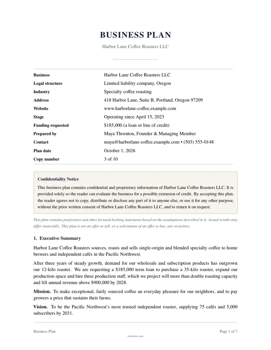 First page of a sample Business Plan