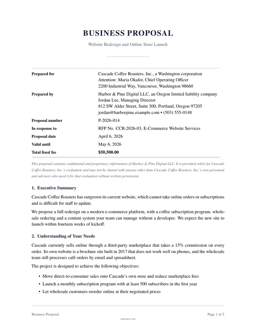 First page of a sample Business Proposal