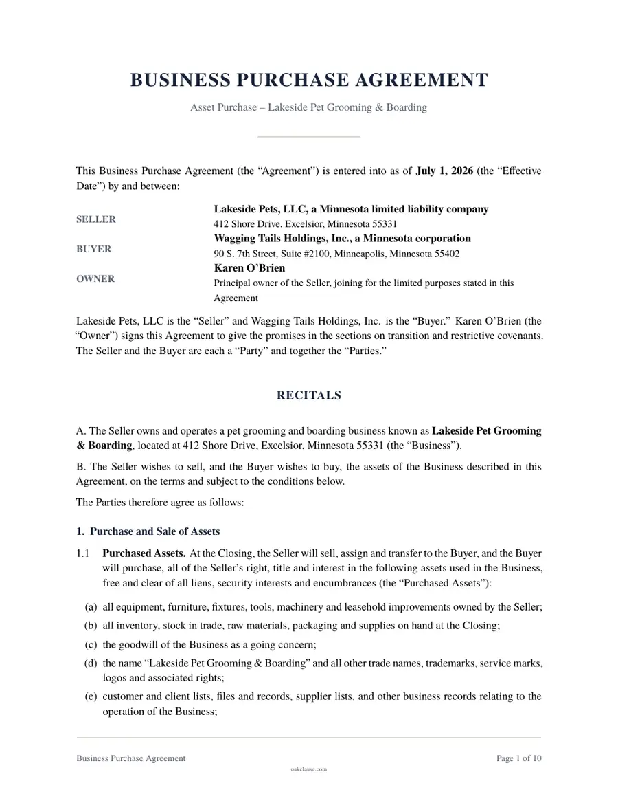 First page of a sample Business Purchase Agreement