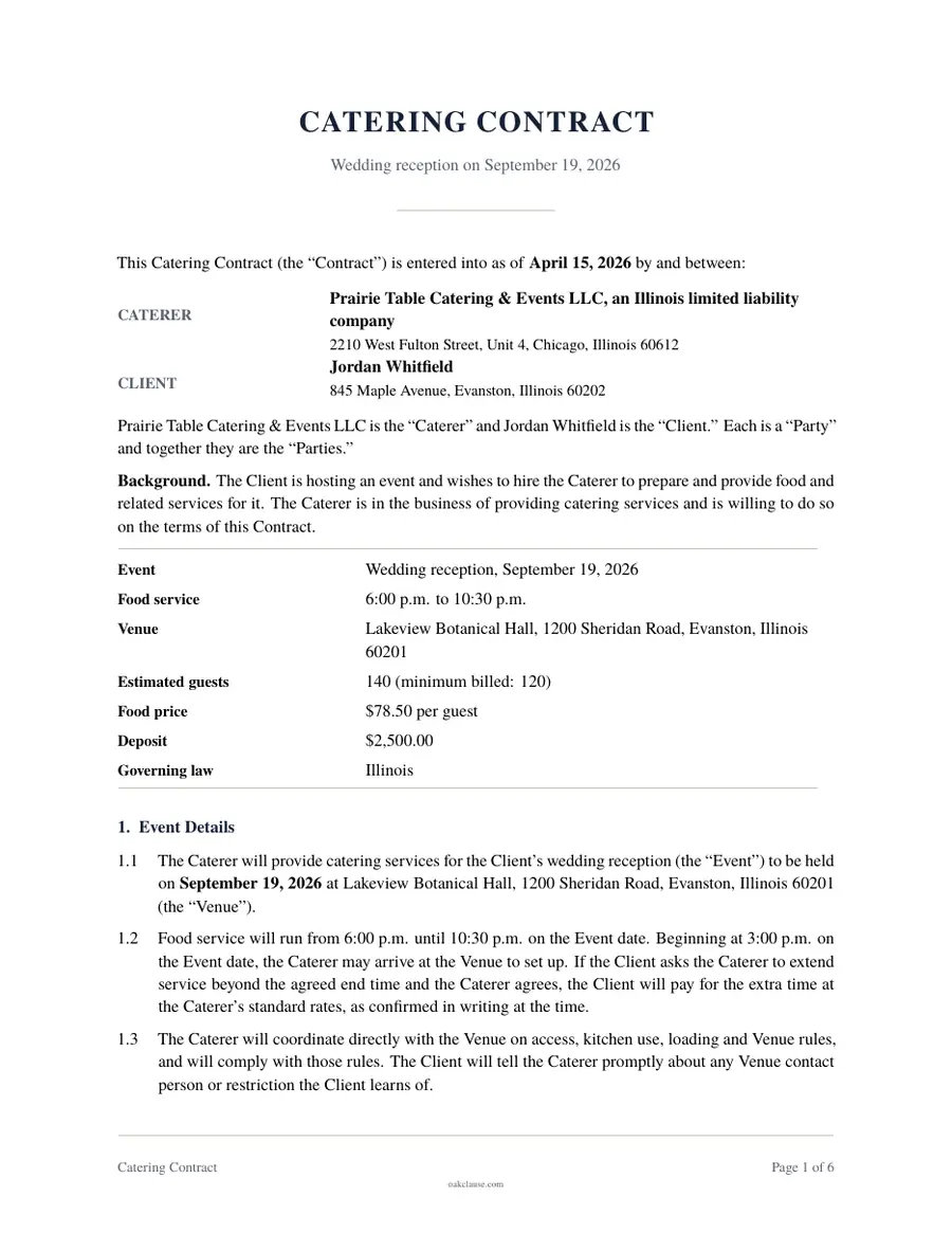 First page of a sample Catering Contract