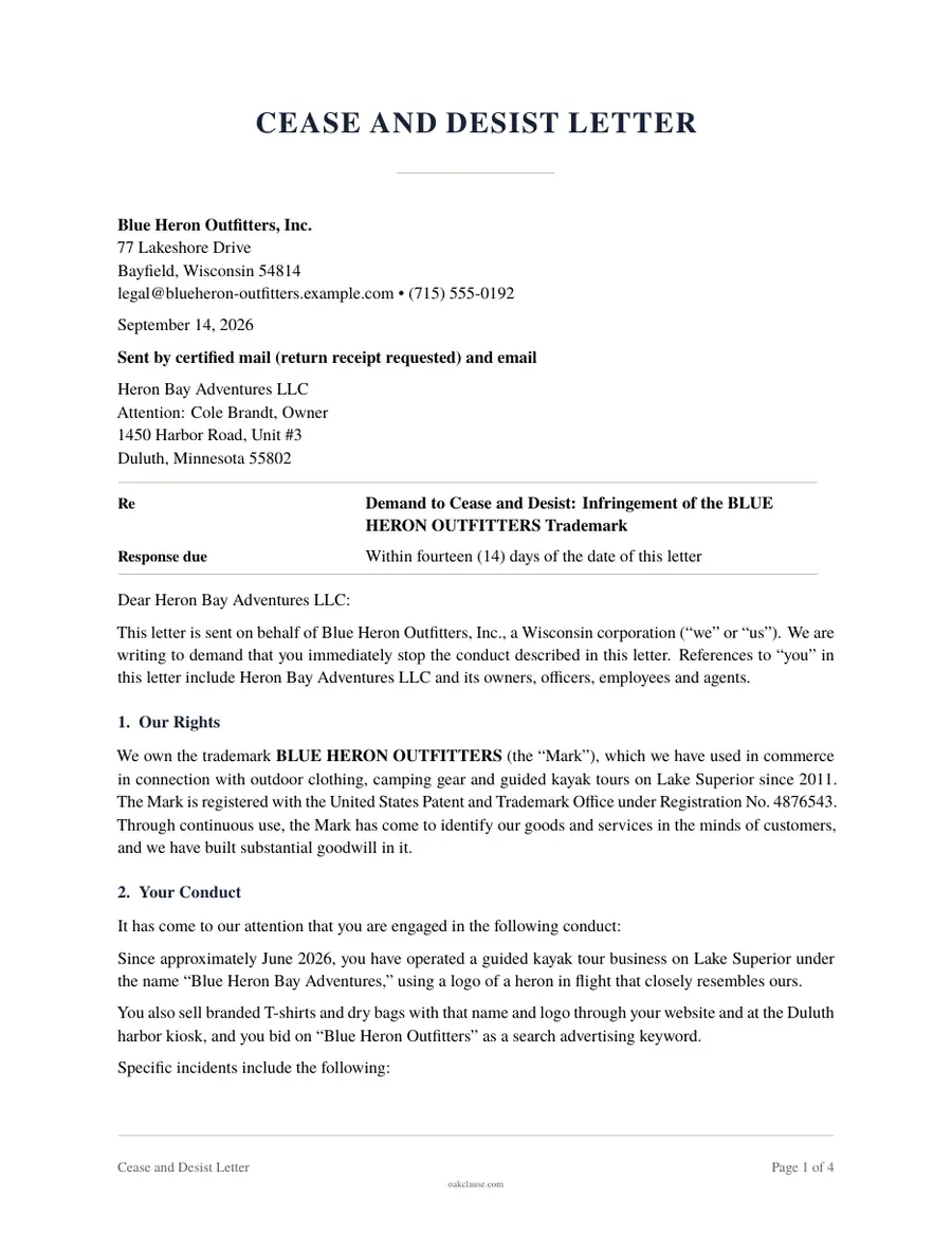 First page of a sample Cease and Desist Letter
