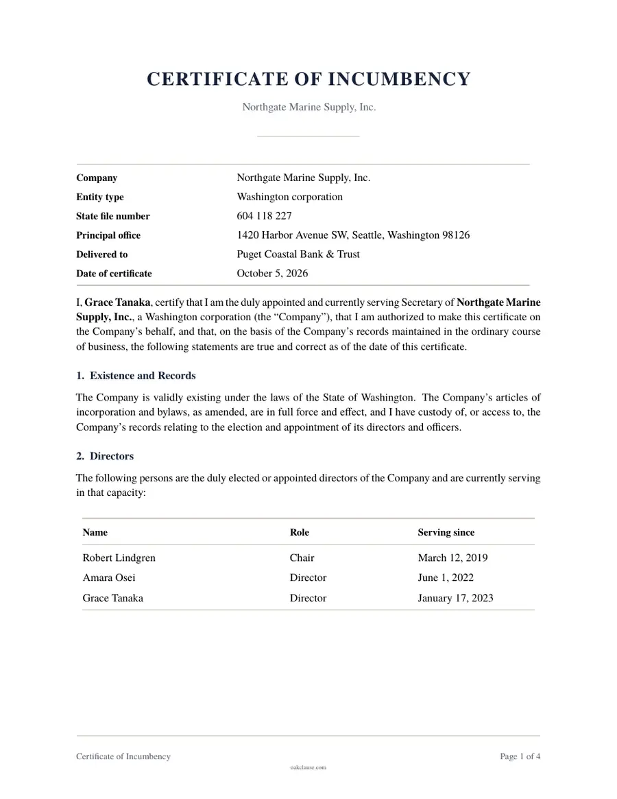 First page of a sample Certificate of Incumbency