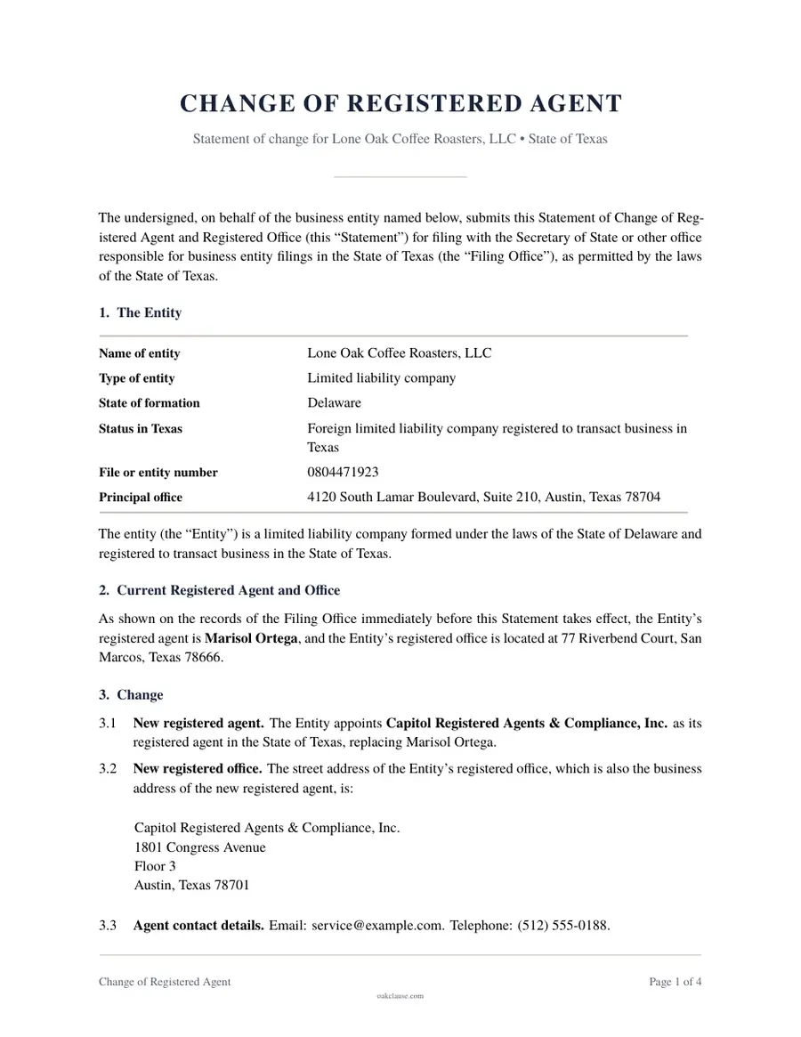 First page of a sample Change of Registered Agent