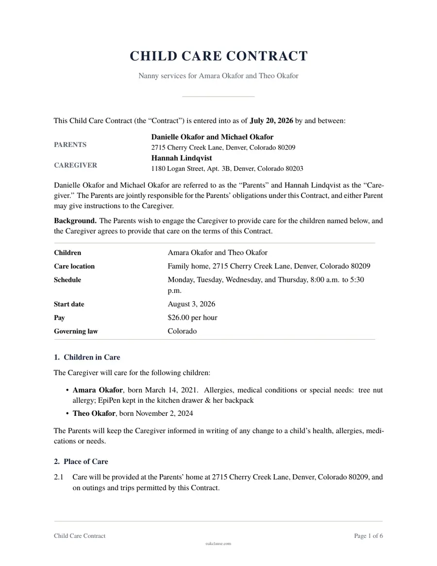 First page of a sample Child Care Contract