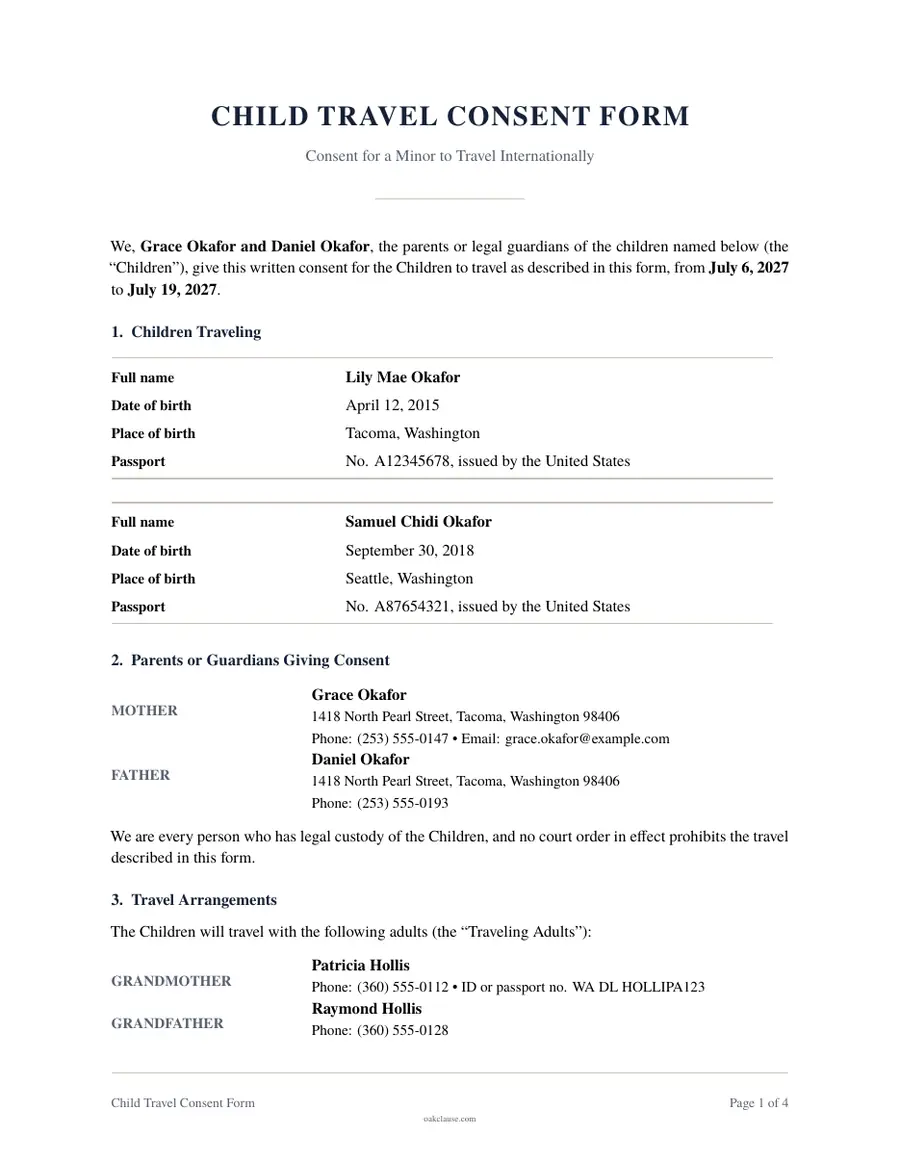 First page of a sample Child Travel Consent Form