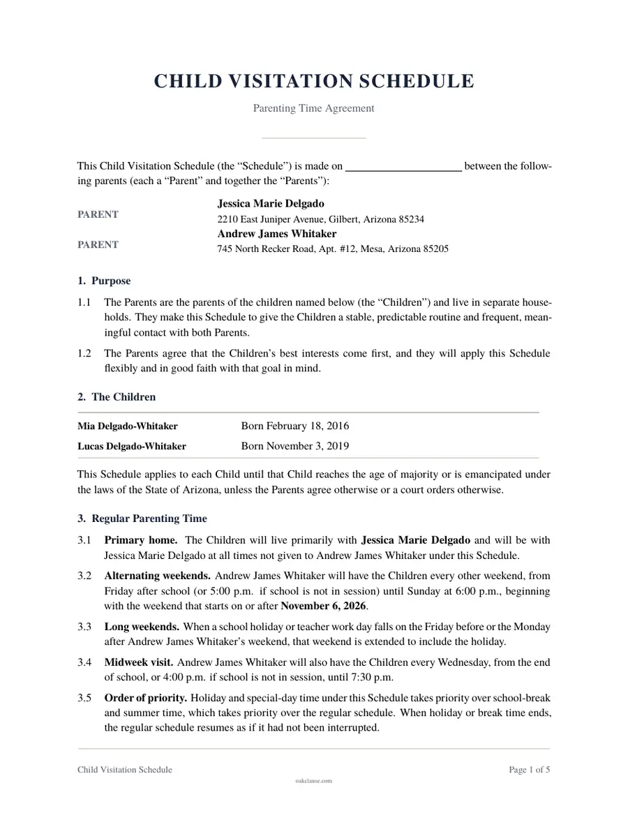 First page of a sample Child Visitation Schedule