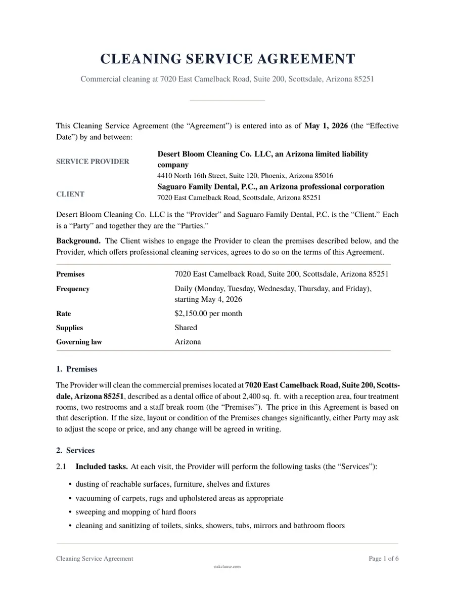 First page of a sample Cleaning Service Agreement