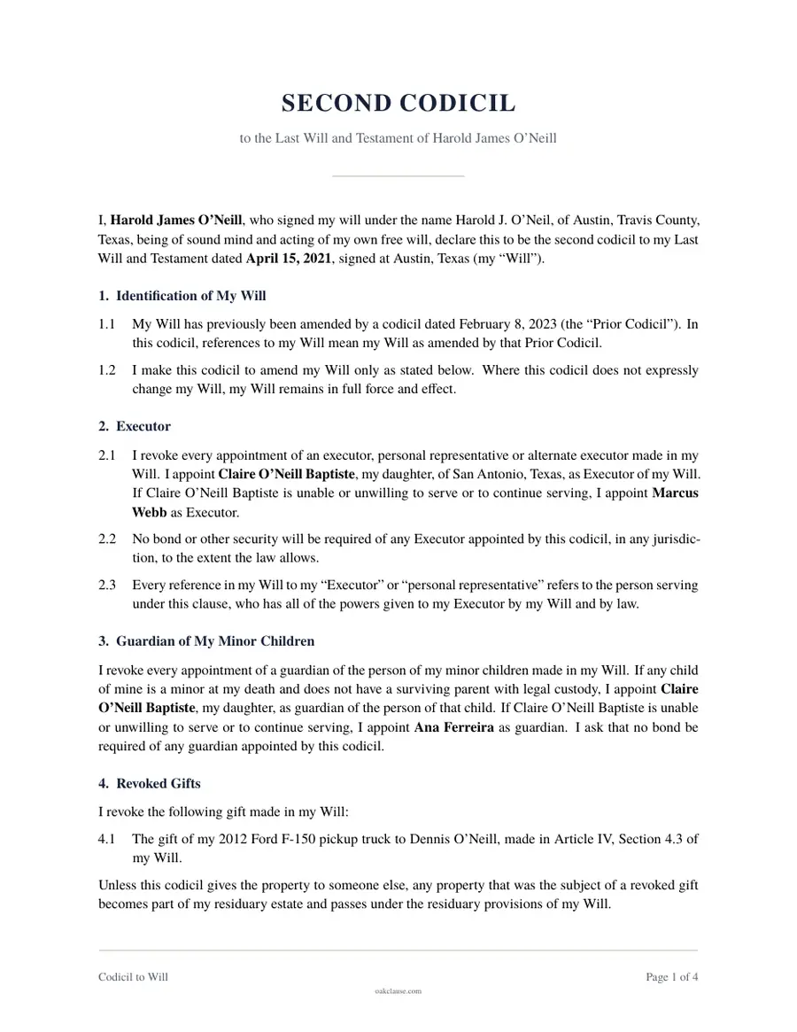 First page of a sample Codicil to Will