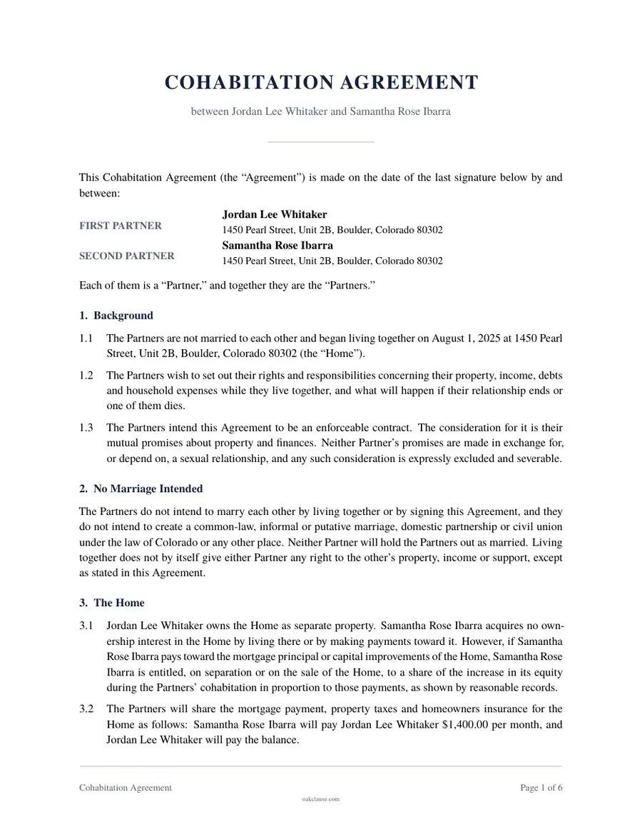 First page of a sample Cohabitation Agreement