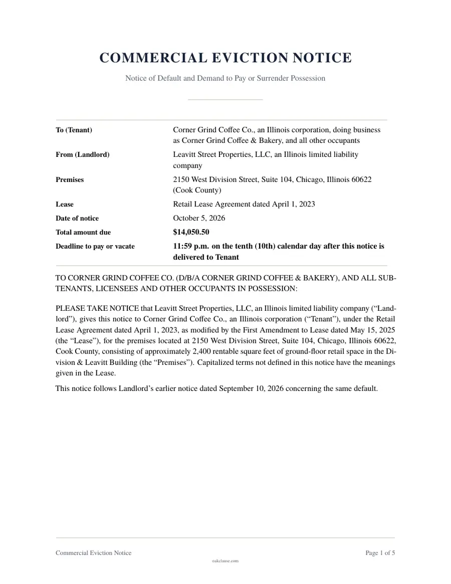 First page of a sample Commercial Eviction Notice