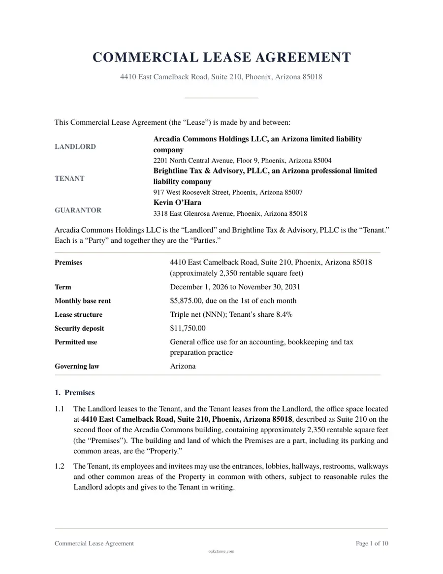 First page of a sample Commercial Lease Agreement