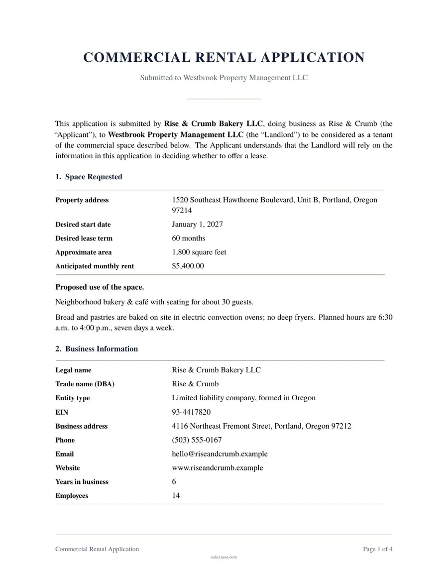 First page of a sample Commercial Rental Application