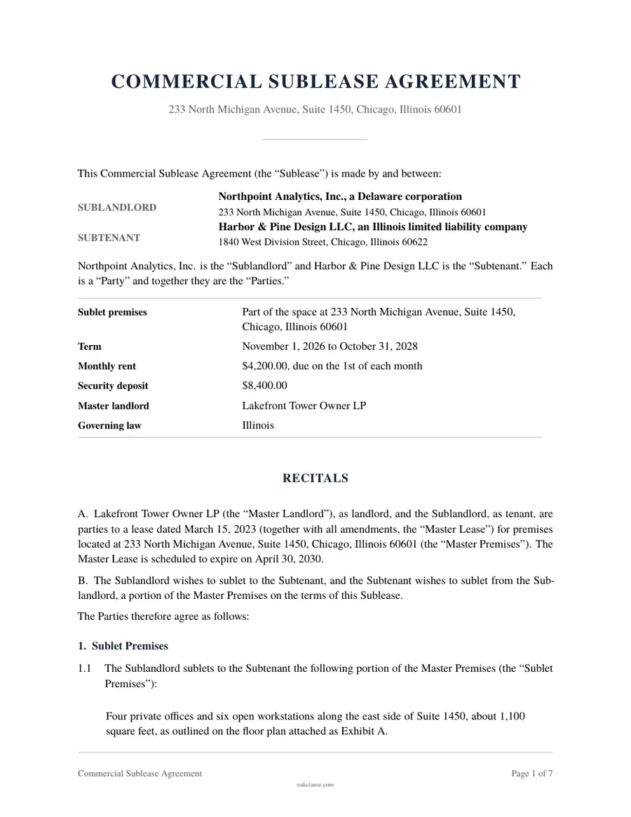 First page of a sample Commercial Sublease Agreement