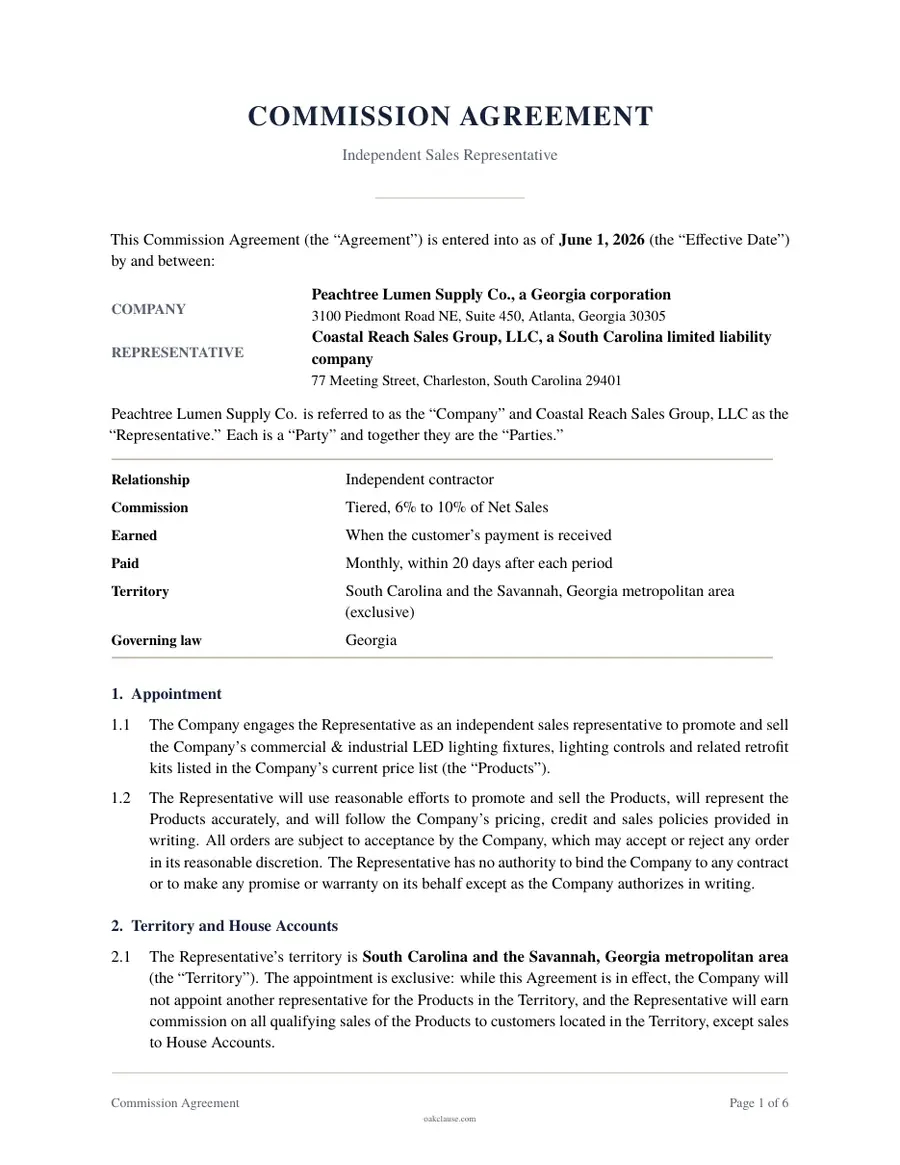 First page of a sample Commission Agreement