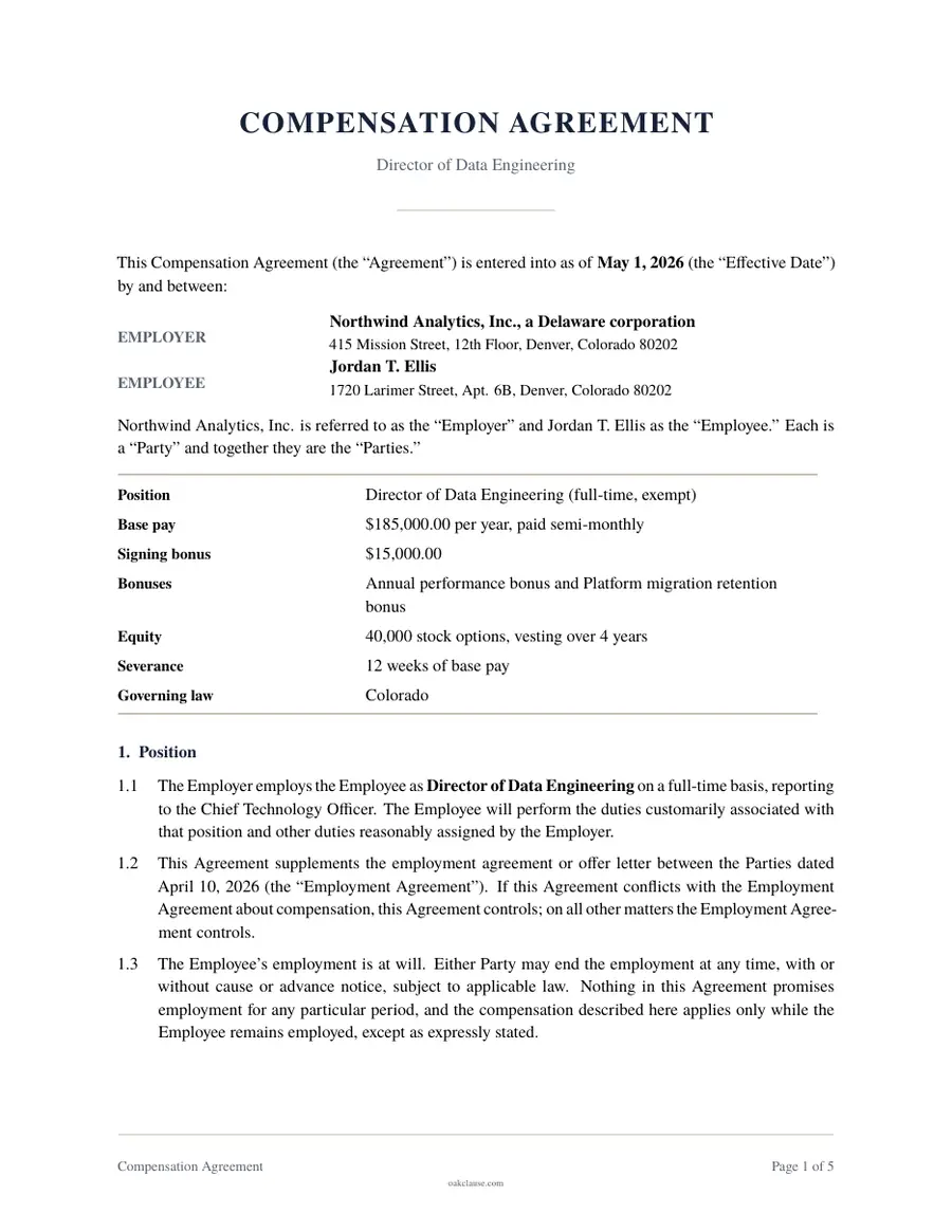 First page of a sample Compensation Agreement