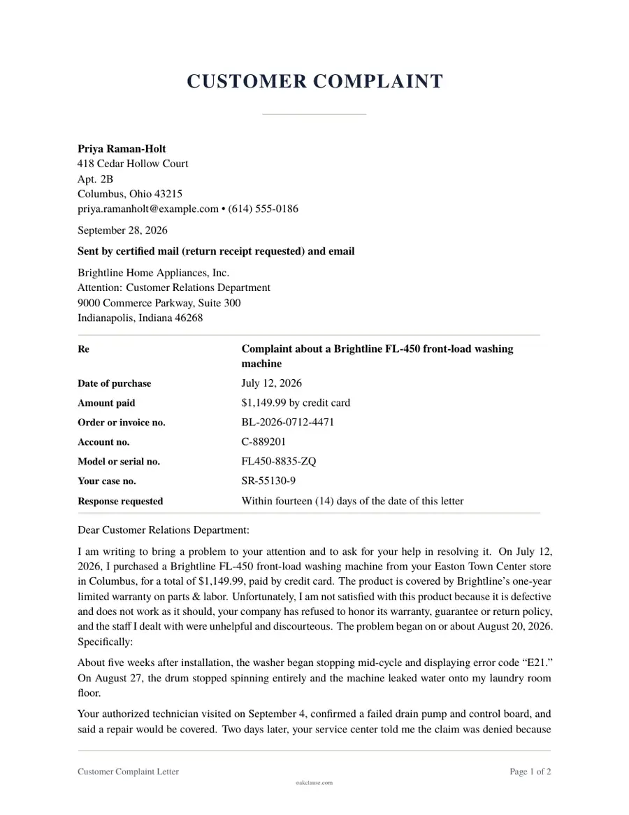 First page of a sample Customer Complaint Letter