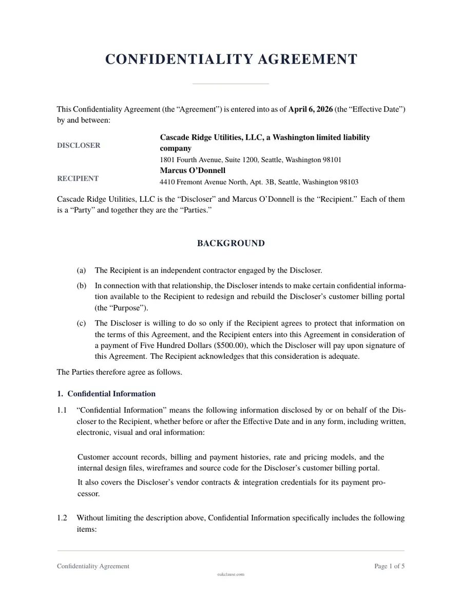 First page of a sample Confidentiality Agreement