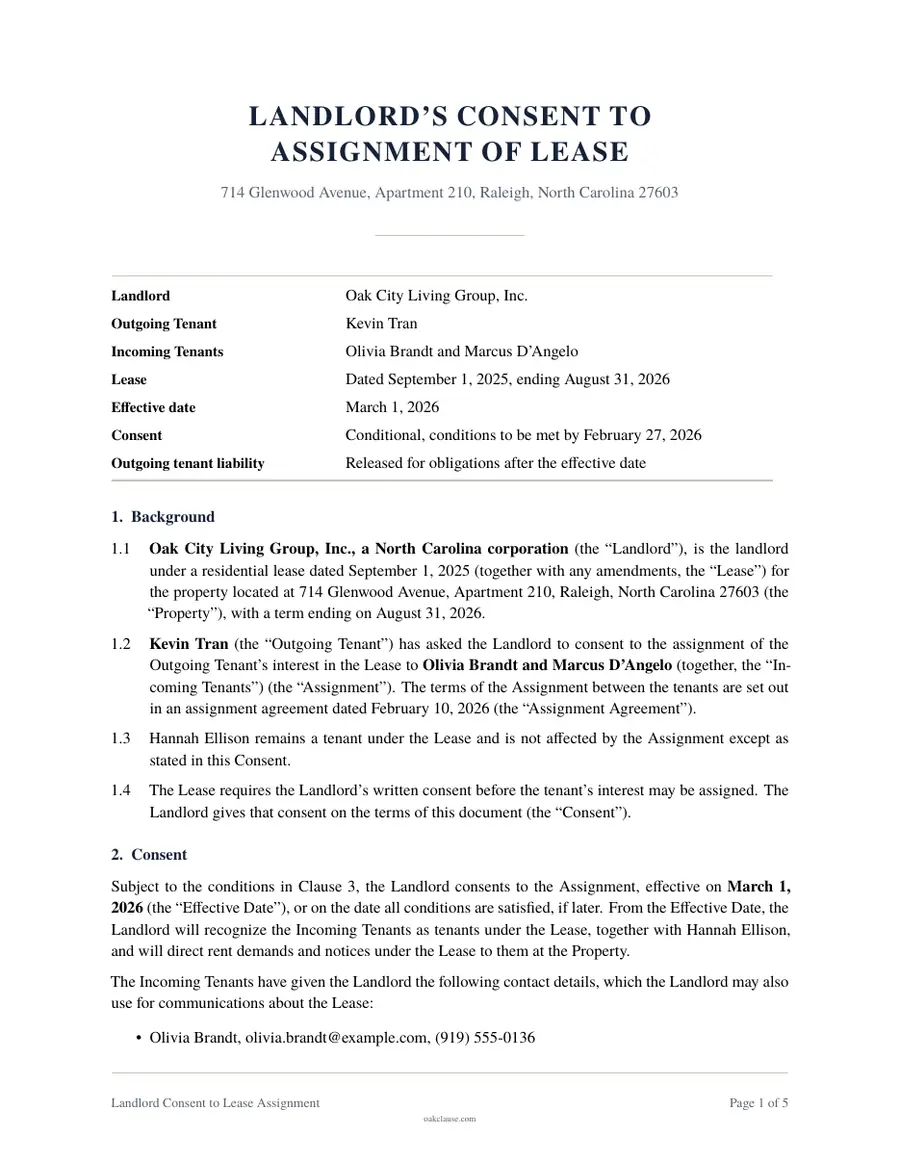 First page of a sample Landlord Consent to Lease Assignment