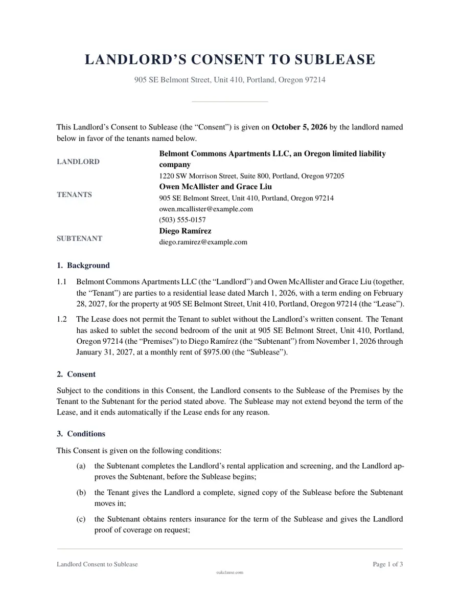 First page of a sample Landlord Consent to Sublease