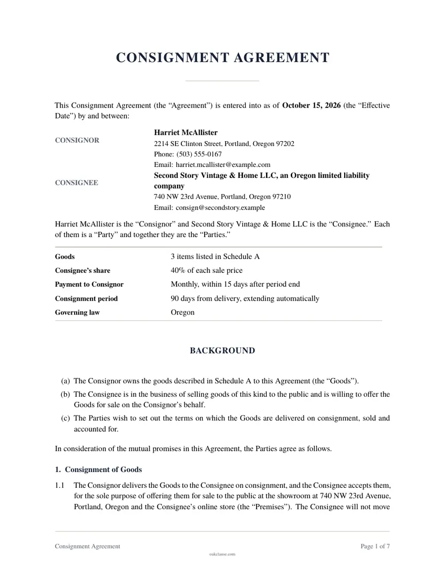 First page of a sample Consignment Agreement