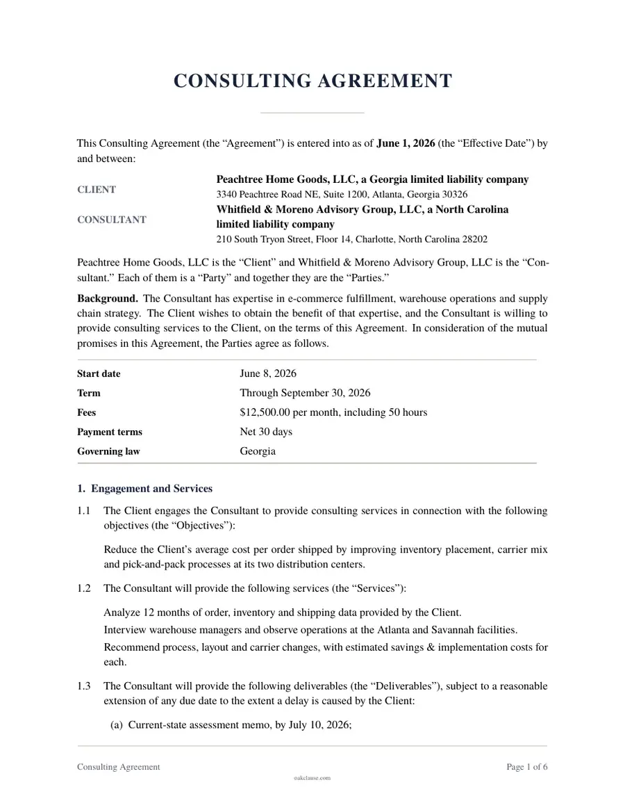 First page of a sample Consulting Agreement