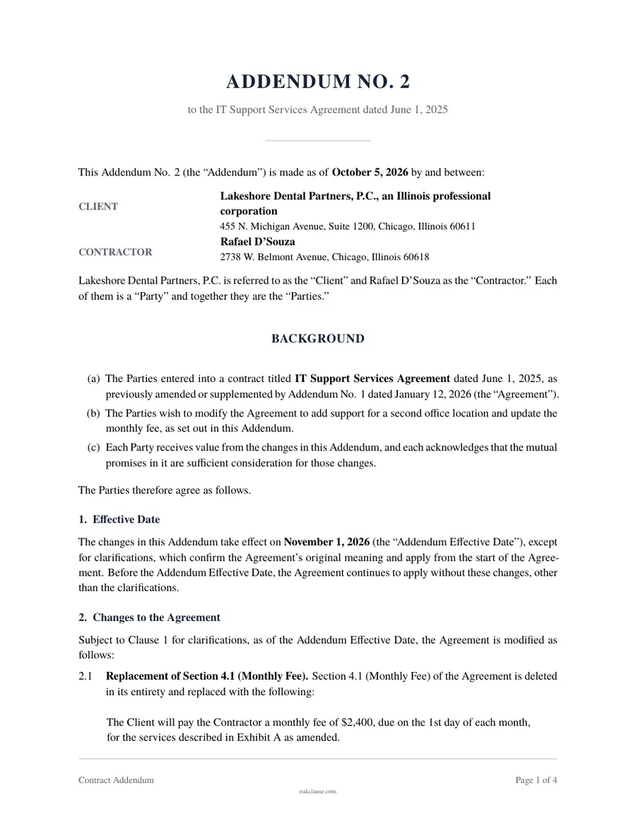 First page of a sample Contract Addendum