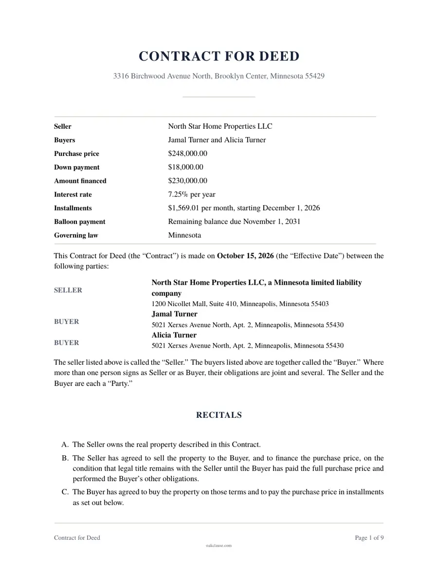 First page of a sample Contract for Deed