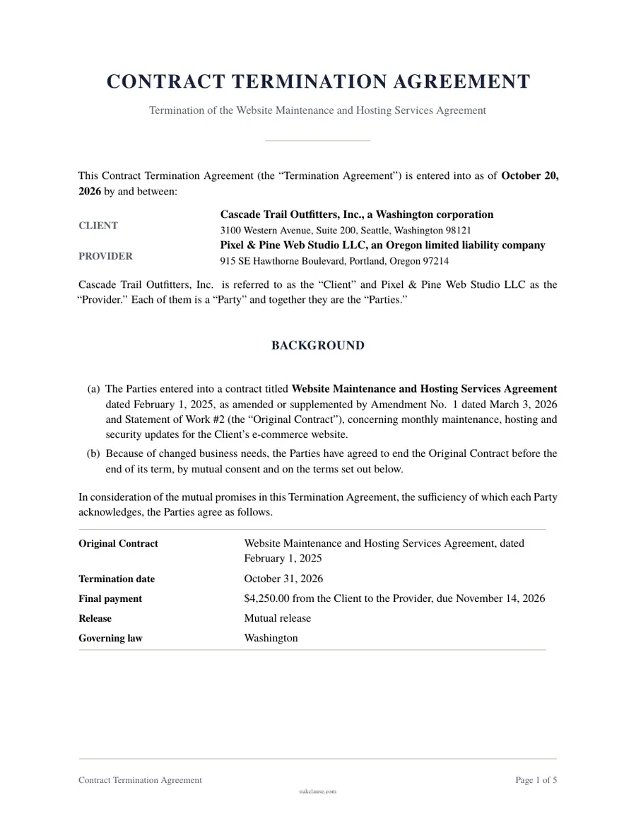 First page of a sample Contract Termination Agreement