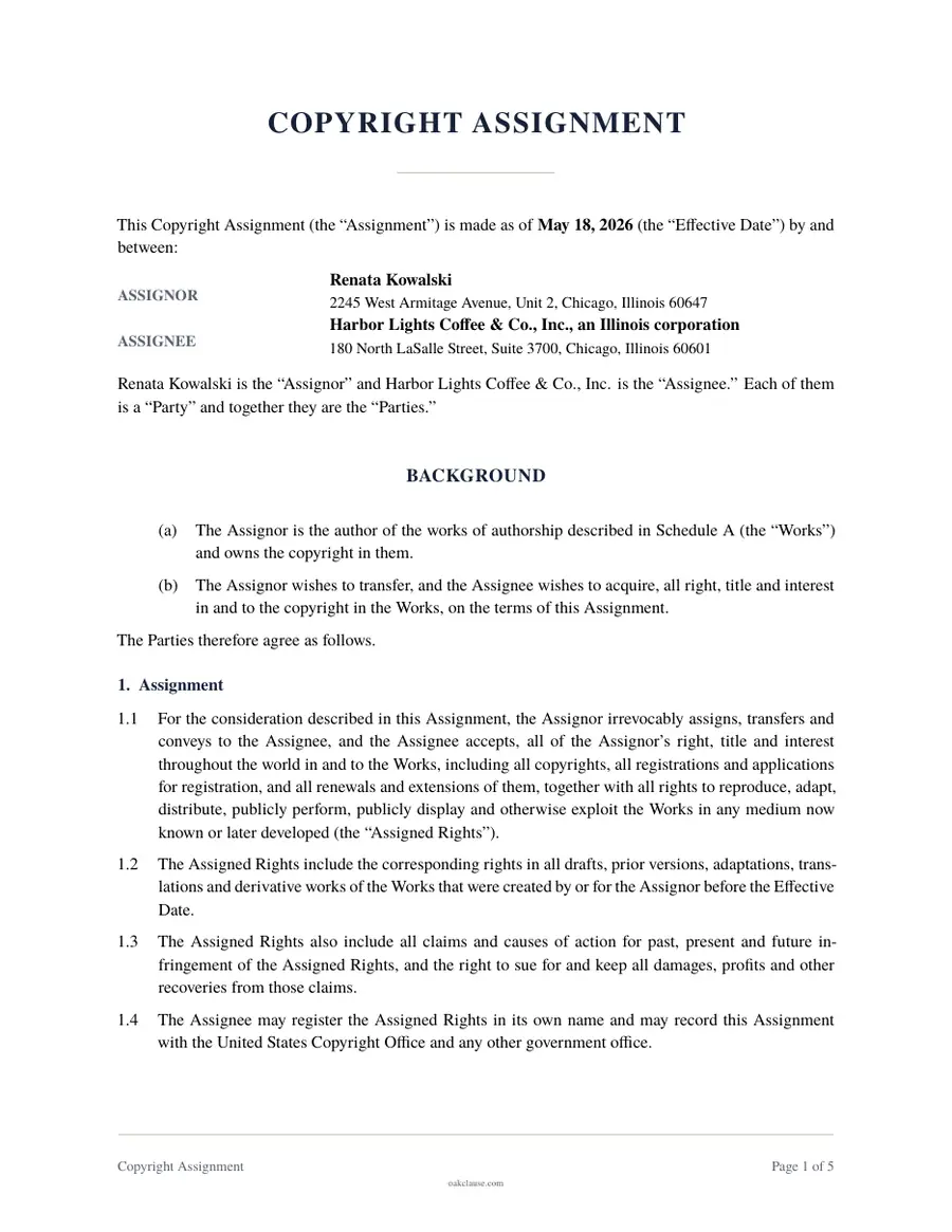 First page of a sample Copyright Assignment
