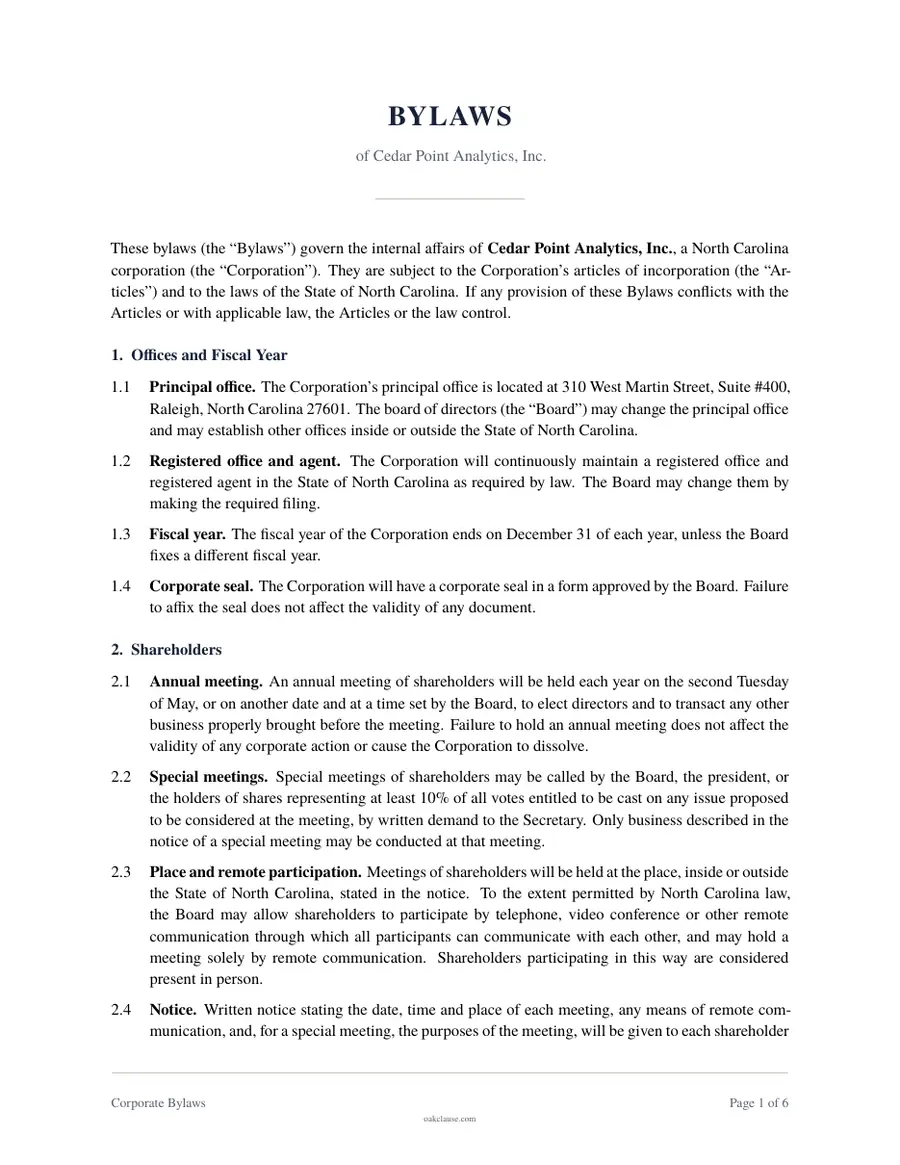 First page of a sample Corporate Bylaws