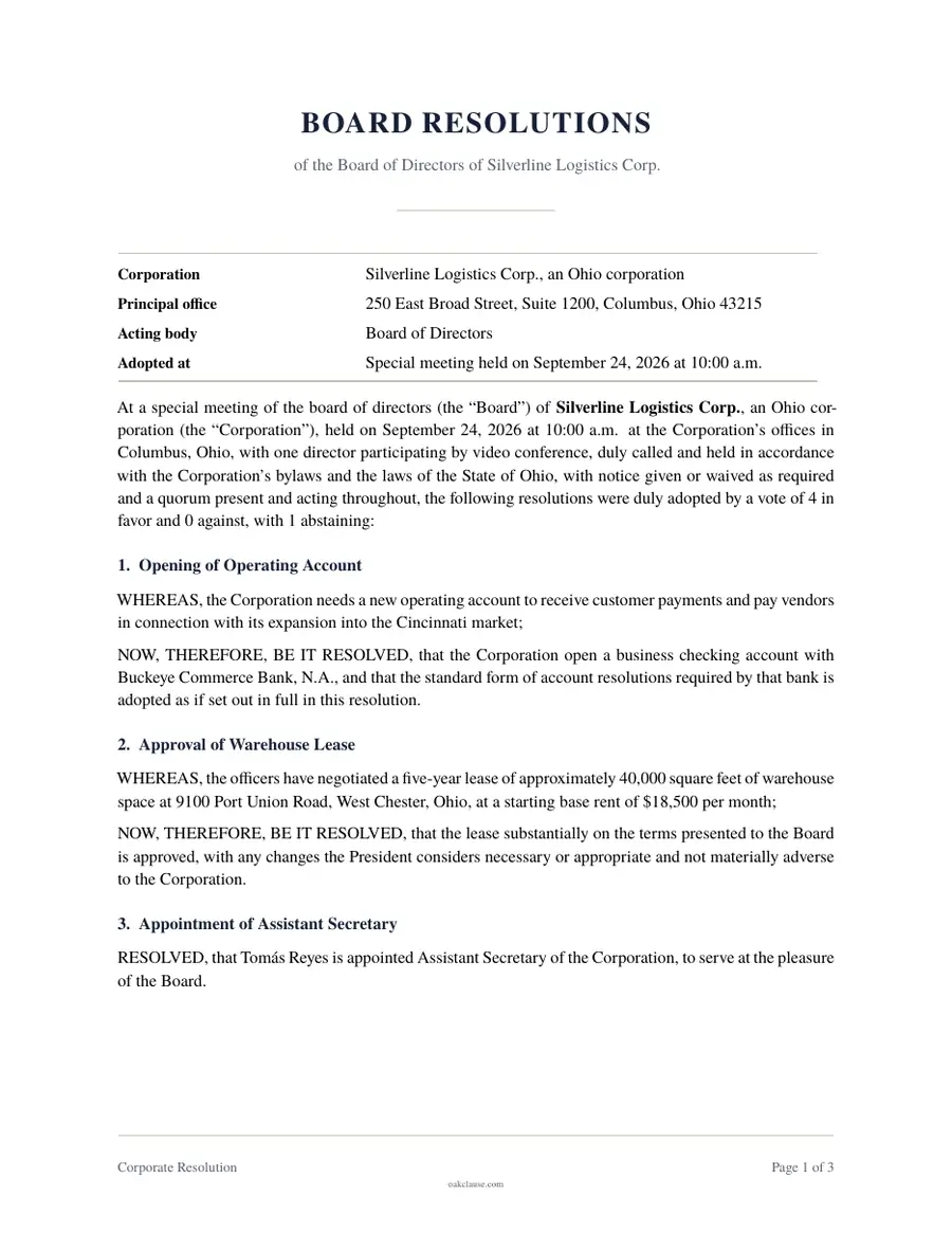First page of a sample Corporate Resolution