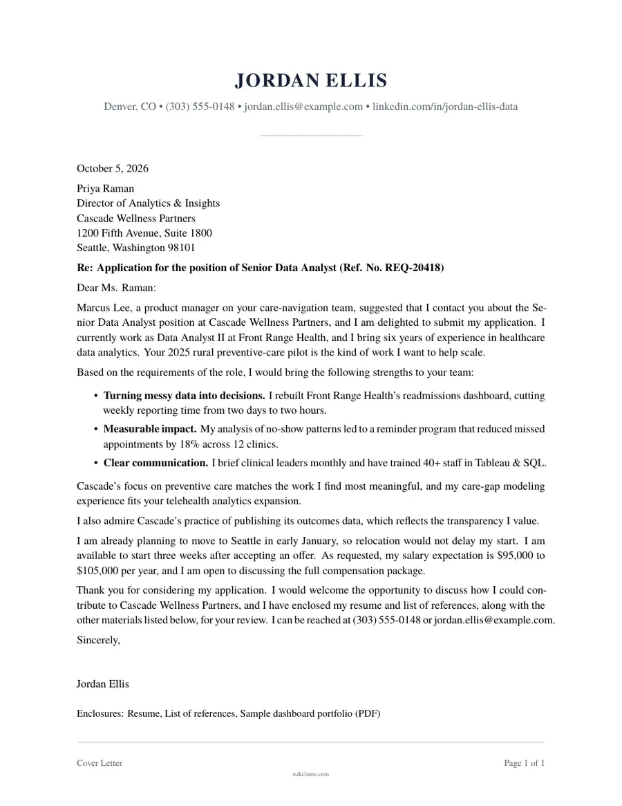 First page of a sample Cover Letter