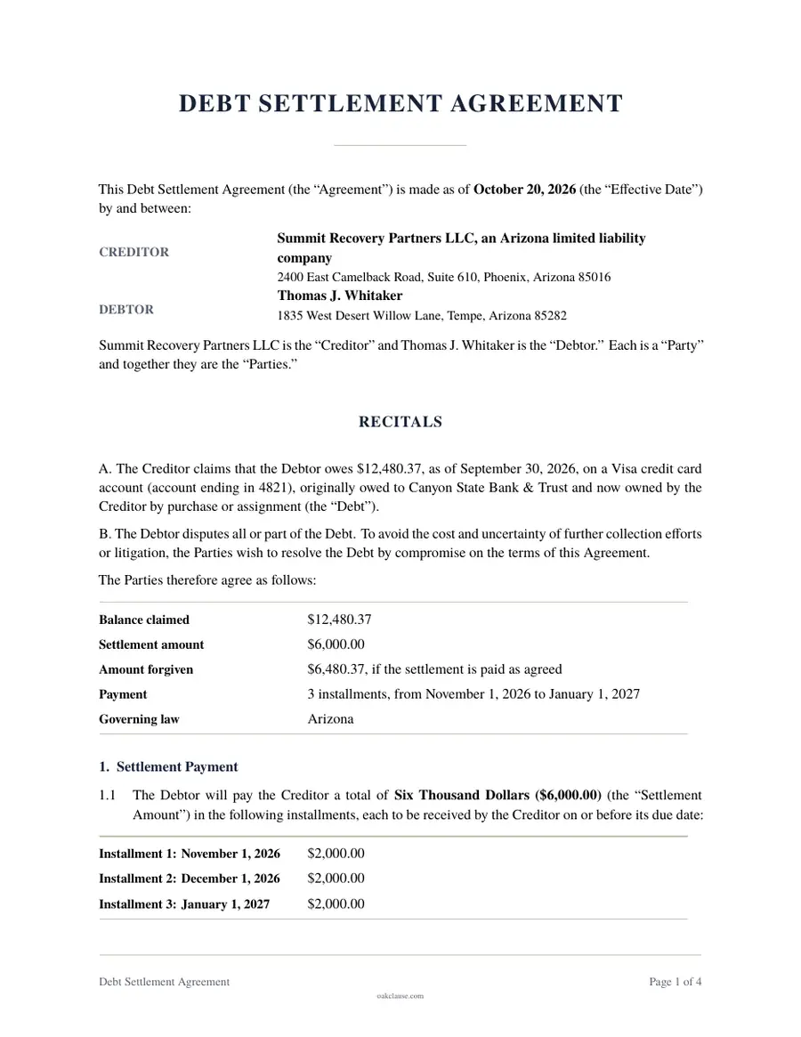 First page of a sample Debt Settlement Agreement
