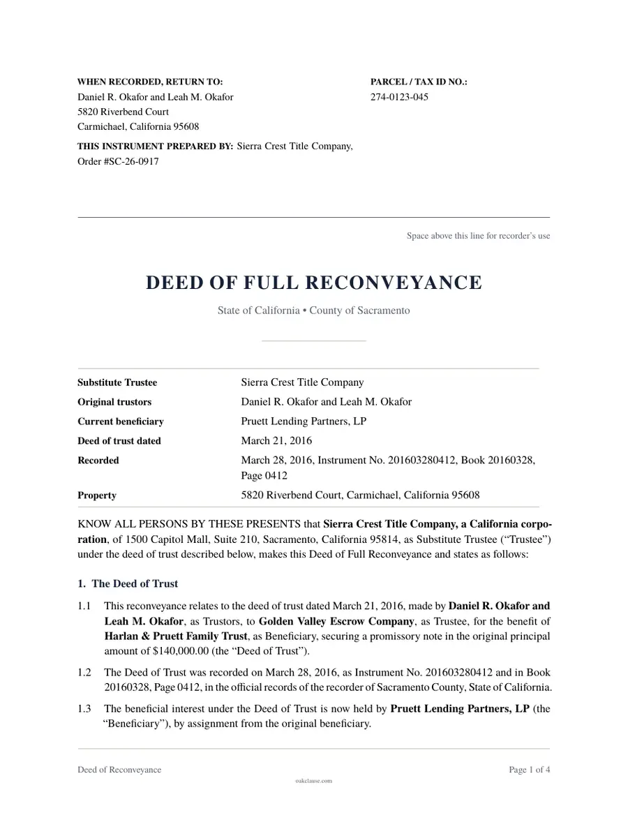 First page of a sample Deed of Reconveyance