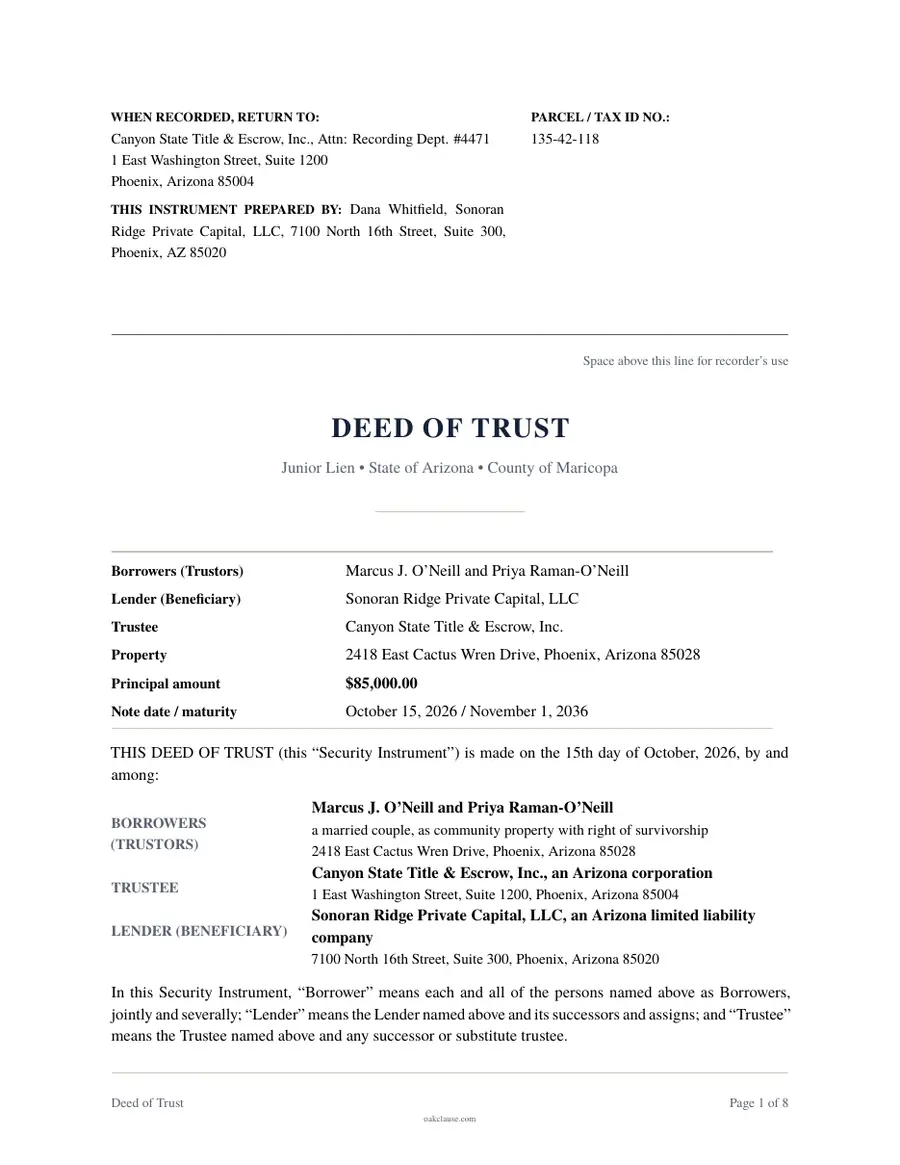 First page of a sample Deed of Trust